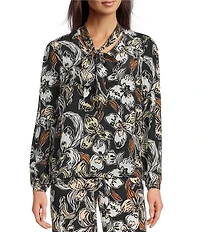 Lilly Pulitzer Elanor Coordinating Onyx Irresistible Printed Silk Tie V-Neck Long Sleeve Top