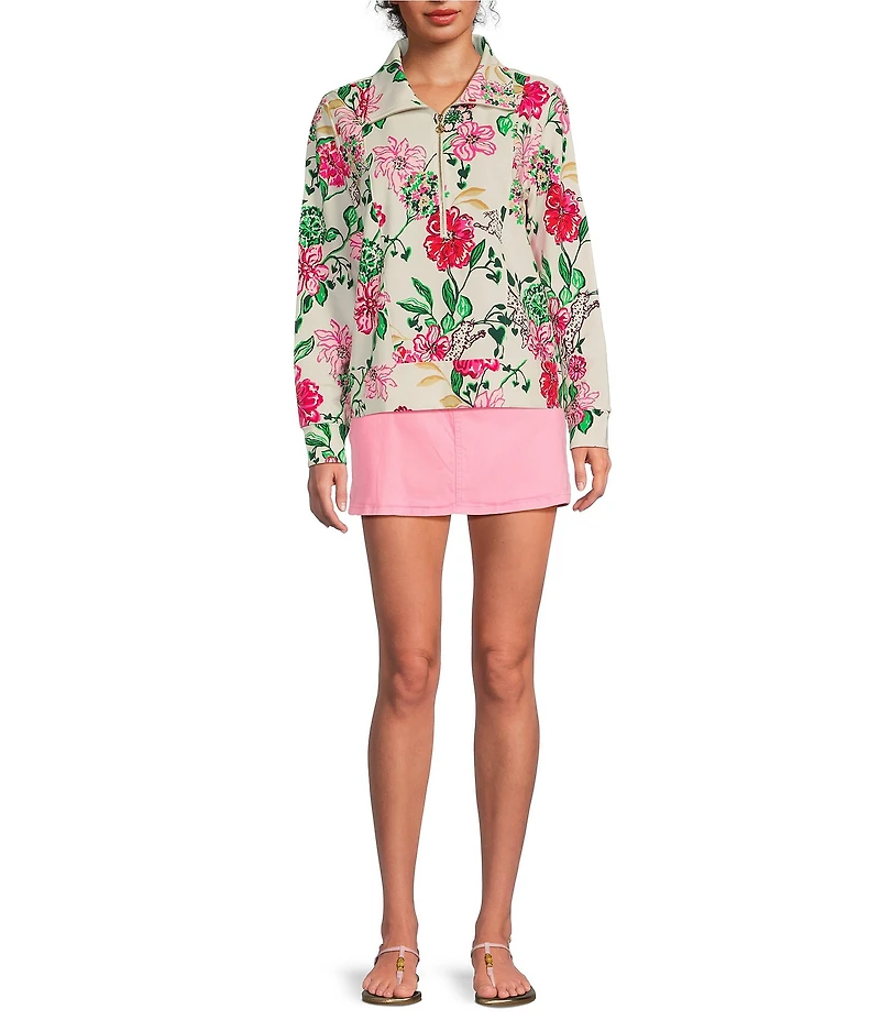 Lilly Pulitzer Eleni Luxe Terry Floral Print Collar Bracelet Sleeve Quarter Zip Top