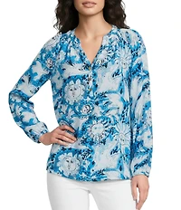 Lilly Pulitzer Elsa Lilly Guls Print Notch Collar V-Neck Bracelet Sleeve Blouse