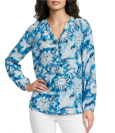 Lilly Pulitzer Elsa Lilly Guls Print Notch Collar V-Neck Bracelet Sleeve Blouse