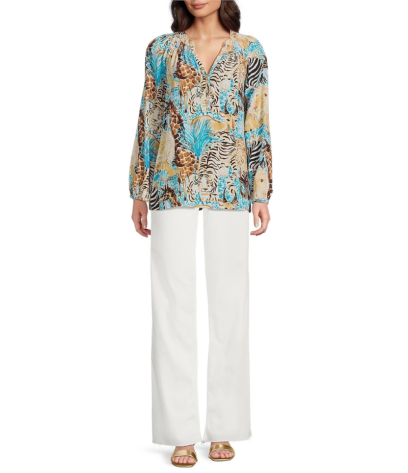 Lilly Pulitzer Elsa Coordinating Silk Breezy Aqua Lilys Zoo Print Notch Collar Bracelet Sleeve Blouse