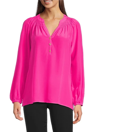 Lilly Pulitzer Elsa Silk Notch Neck Long Sleeve Blouse