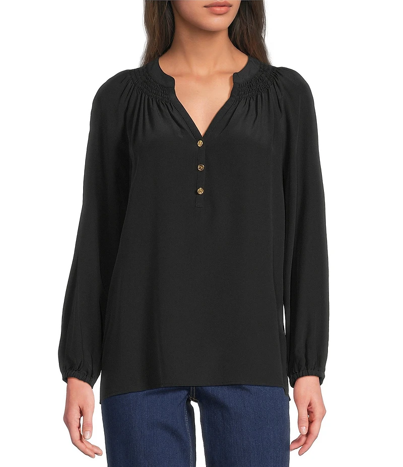 Lilly Pulitzer Elsa Silk Notch Neck Long Sleeve Half Button Top