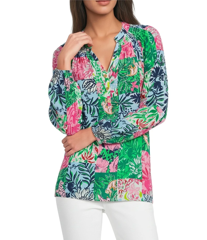 Lilly Pulitzer Elsa Silk Party Punch Patch Tropical Print Notch V-Neck Long Sleeve Blouse