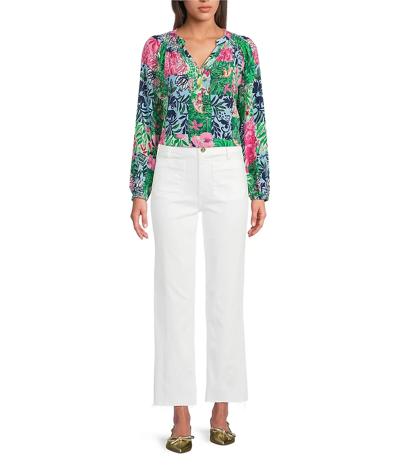 Lilly Pulitzer Elsa Silk Party Punch Patch Tropical Print Notch V-Neck Long Sleeve Blouse