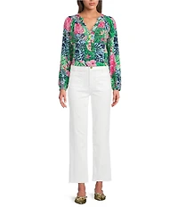 Lilly Pulitzer Elsa Silk Party Punch Patch Tropical Print Notch V-Neck Long Sleeve Blouse