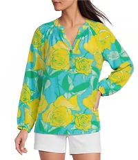 Lilly Pulitzer Elsa Silk Rose Bud Print Notch Neck Bracelet Sleeve Blouse