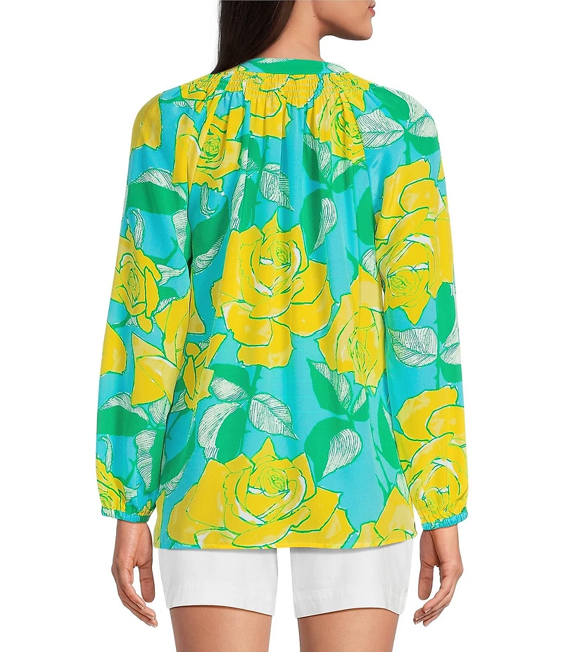 Lilly Pulitzer Elsa Silk Rose Bud Print Notch Neck Bracelet Sleeve Blouse