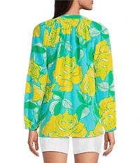 Lilly Pulitzer Elsa Silk Rose Bud Print Notch Neck Bracelet Sleeve Blouse