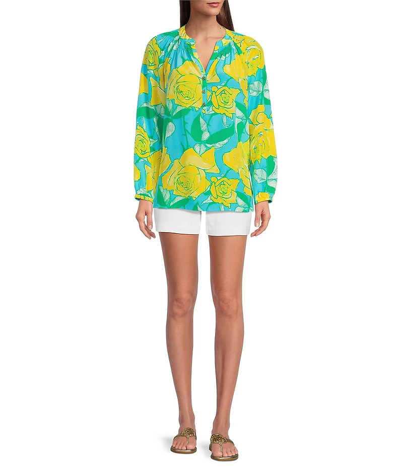 Lilly Pulitzer Elsa Silk Rose Bud Print Notch Neck Bracelet Sleeve Blouse