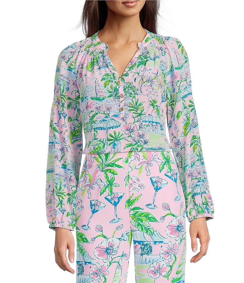 Lilly Pulitzer Elsa Sunny Dee Tropical Print Coordinating Silk Notch Collar Bracelet Sleeve Shirt