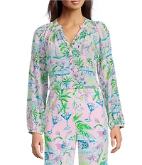 Lilly Pulitzer Elsa Sunny Dee Tropical Print Coordinating Silk Notch Collar Bracelet Sleeve Shirt