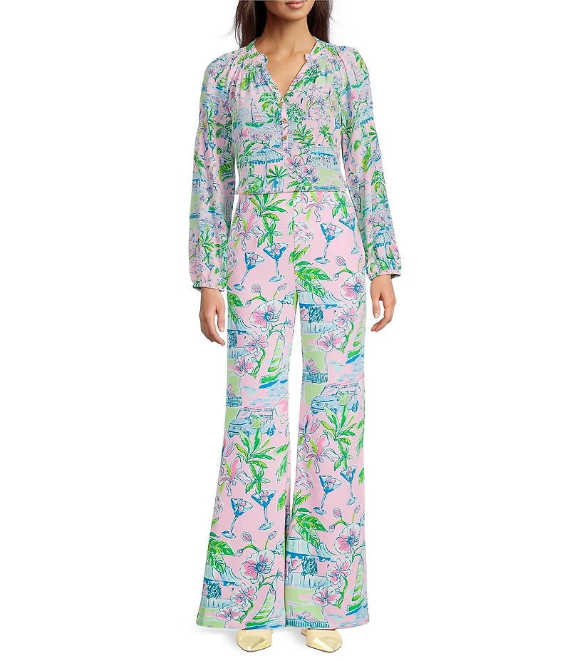 Lilly Pulitzer Elsa Sunny Dee Tropical Print Coordinating Silk Notch Collar Bracelet Sleeve Shirt