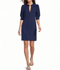 Lilly Pulitzer Elsy Jacquard Puckered Knit Ruffle Mock Neck Elbow Puff Sleeve A-Line Dress