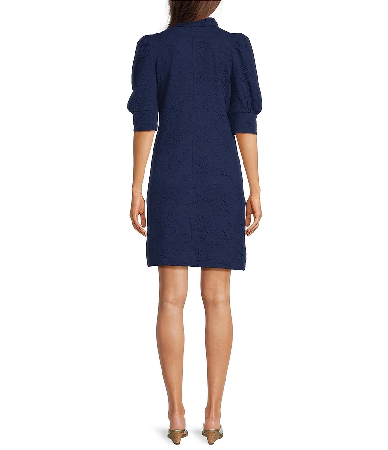 Lilly Pulitzer Elsy Jacquard Puckered Knit Ruffle Mock Neck Elbow Puff Sleeve A-Line Dress