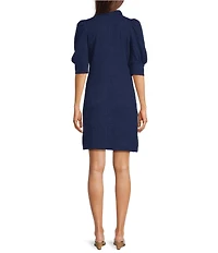 Lilly Pulitzer Elsy Jacquard Puckered Knit Ruffle Mock Neck Elbow Puff Sleeve A-Line Dress