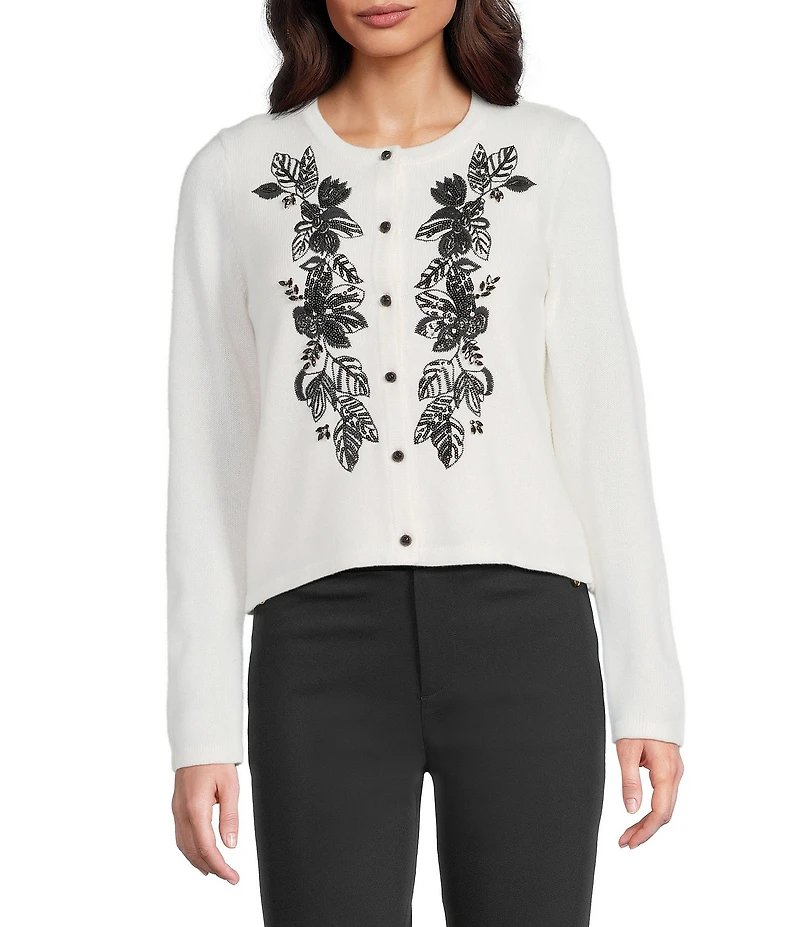 Lilly Pulitzer Emmarose Cashmere Knit Floral Embroidered Round Neck Long Sleeve Cardigan