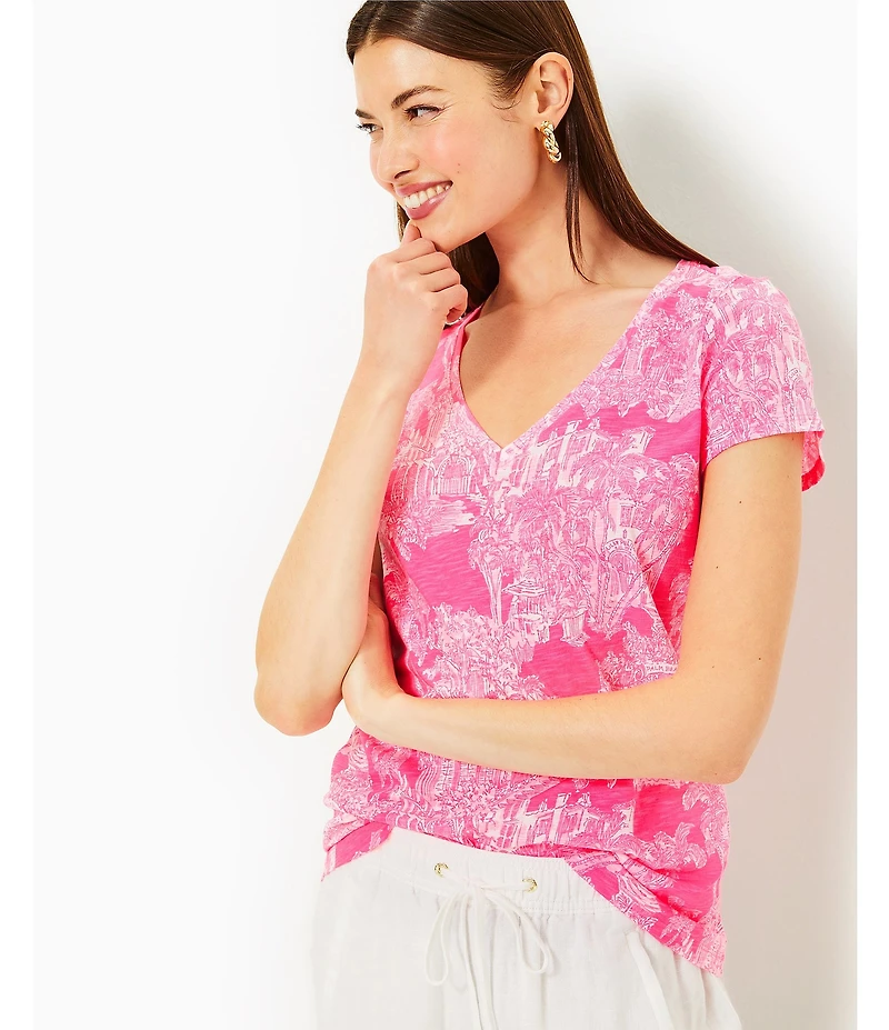 Lilly Pulitzer Etta Knit Anniversary Toile Print V-Neck Short Sleeve Tee