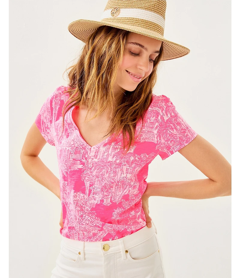 Lilly Pulitzer Etta Knit Anniversary Toile Print V-Neck Short Sleeve Tee