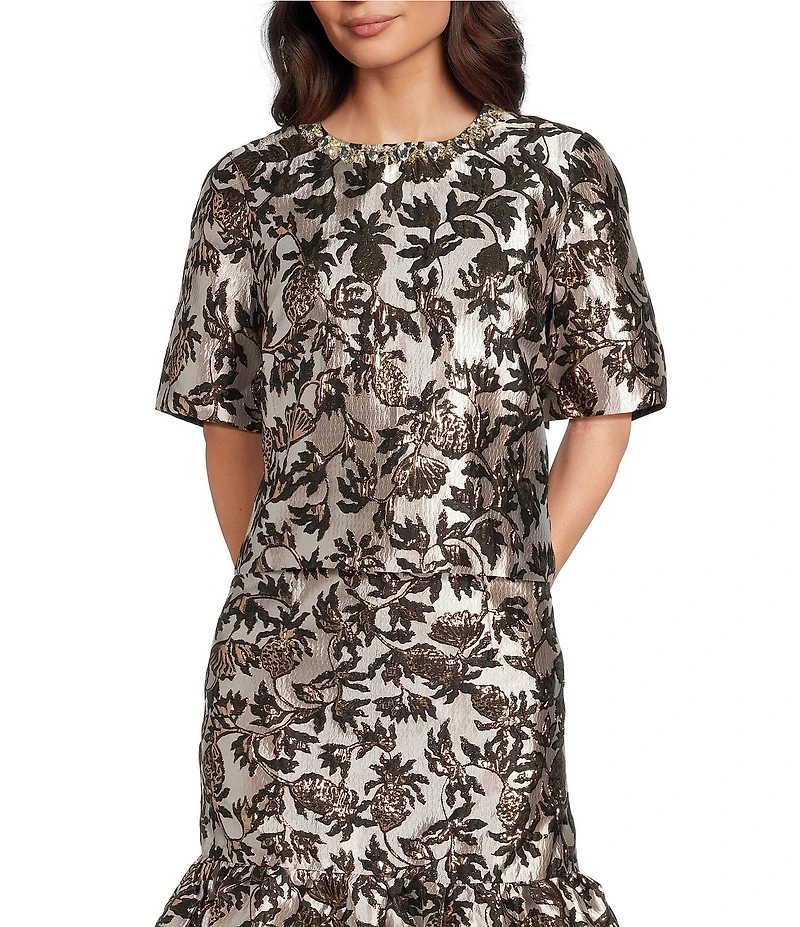 Lilly Pulitzer Folie Pineapple Coordinating Metallic Jacquard Embellished Crew Neck Short Sleeve Box Top