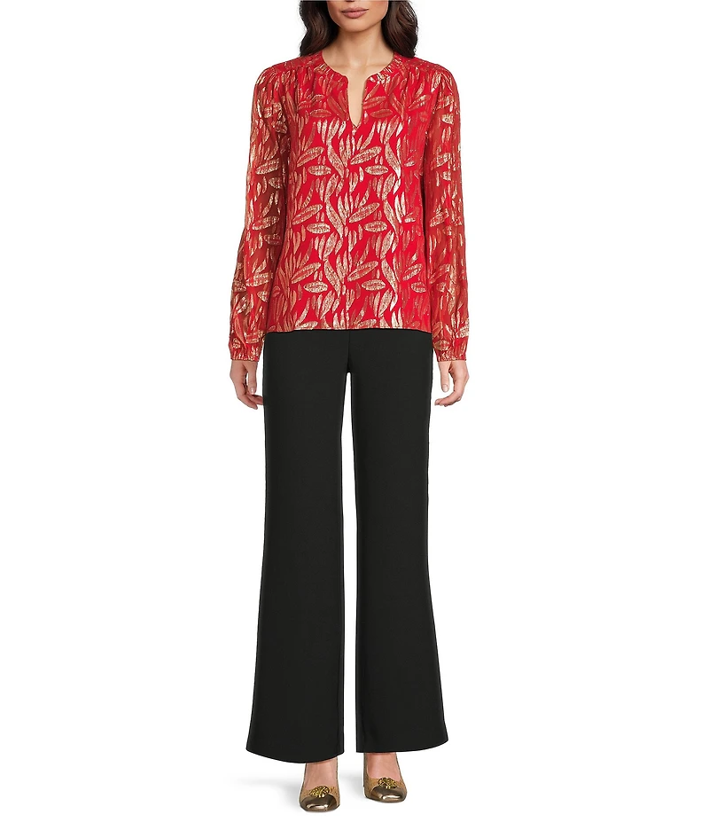 Lilly Pulitzer Giana Metallic Silk Ruffle Notch Neck Long Sleeve Blouse