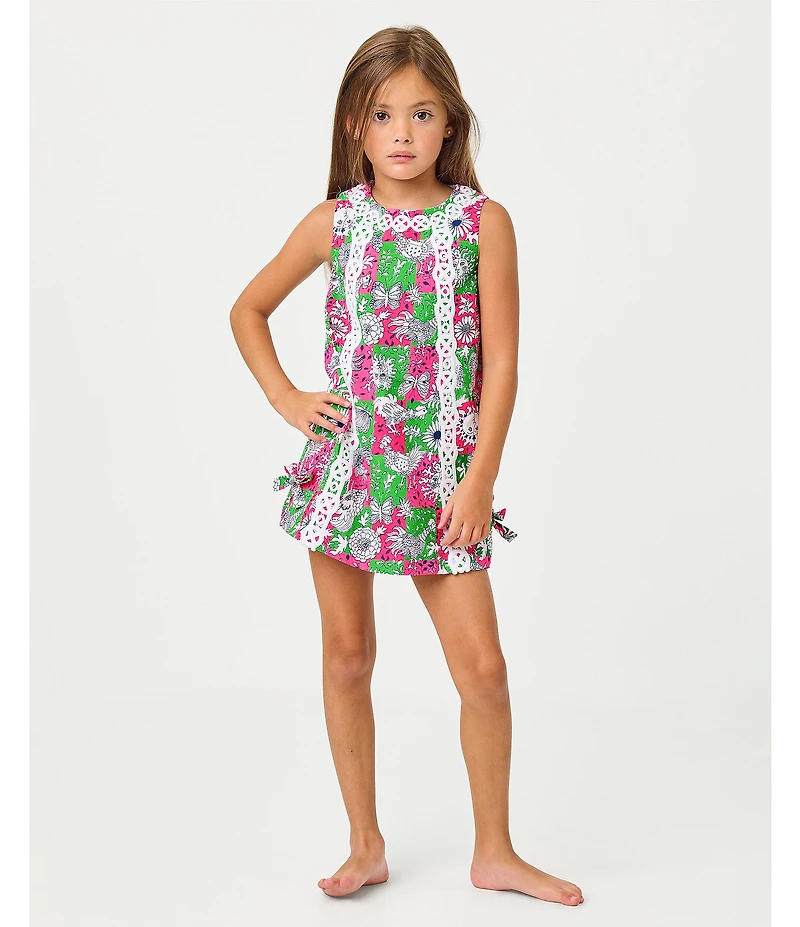 Lilly Pulitzer Girls Classic Floral Cotton Lace Trim Bow Shift Dress
