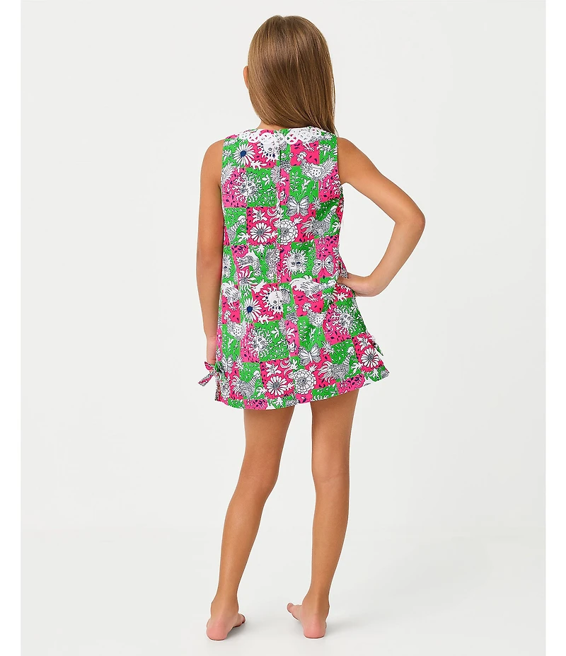 Lilly Pulitzer Girls Classic Floral Cotton Lace Trim Bow Shift Dress