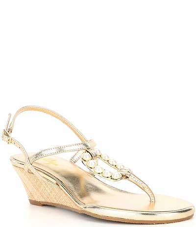 Lilly Pulitzer Good As Gold Leather Pearl Ornament T-Strap Wedge Sandals