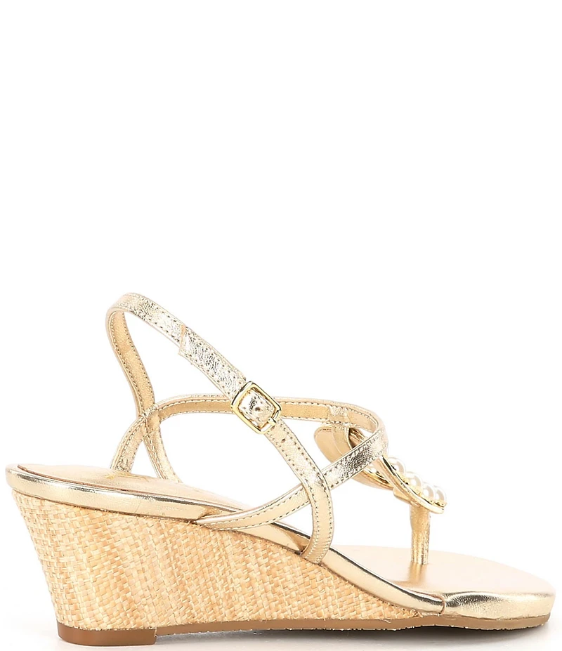 Lilly Pulitzer Good As Gold Leather Pearl Ornament T-Strap Wedge Sandals
