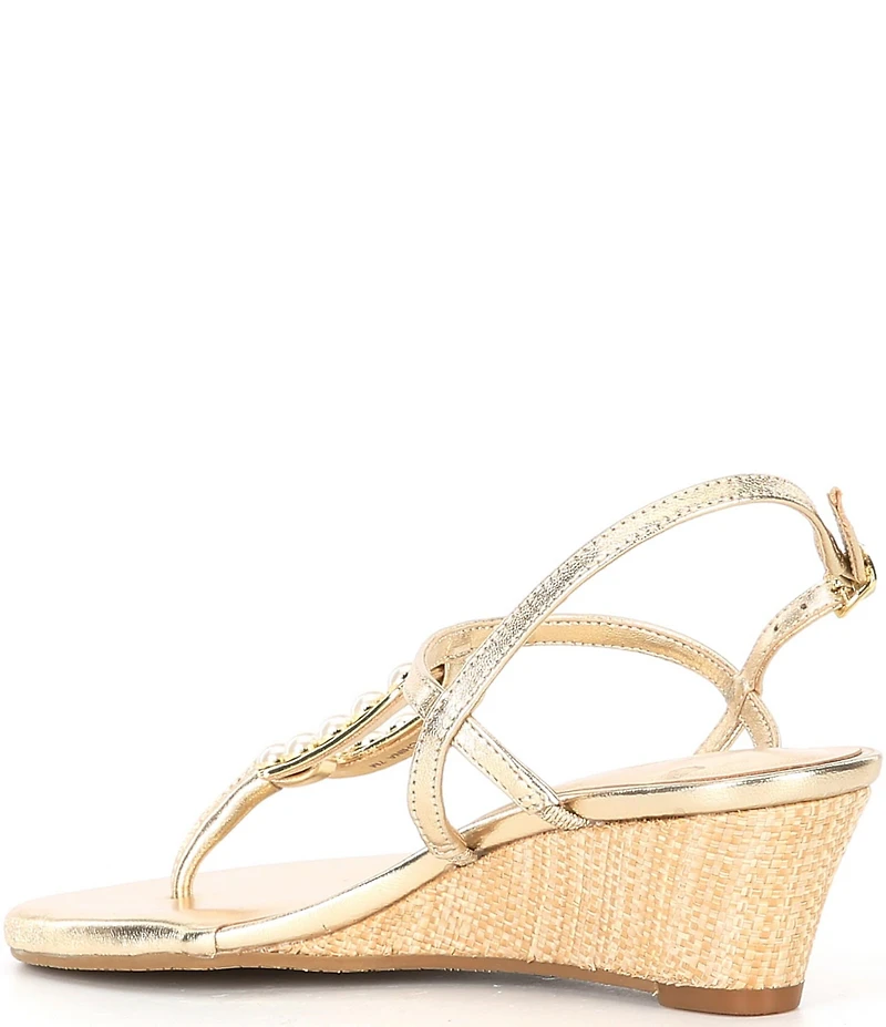 Lilly Pulitzer Good As Gold Leather Pearl Ornament T-Strap Wedge Sandals