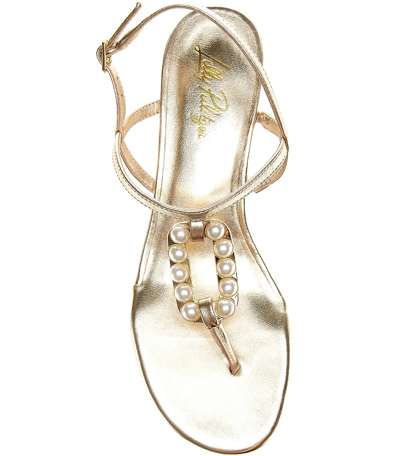 Lilly Pulitzer Good As Gold Leather Pearl Ornament T-Strap Wedge Sandals