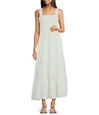 Lilly Pulitzer Hadly Contrast Oxford Stripe Square Neck Sleeveless Smocked Bodice Tiered Skirt Maxi Dress