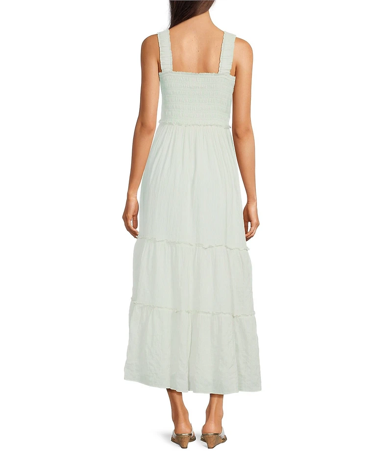 Lilly Pulitzer Hadly Contrast Oxford Stripe Square Neck Sleeveless Smocked Bodice Tiered Skirt Maxi Dress