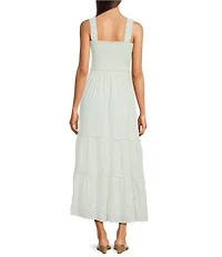 Lilly Pulitzer Hadly Contrast Oxford Stripe Square Neck Sleeveless Smocked Bodice Tiered Skirt Maxi Dress
