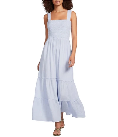 Lilly Pulitzer Hadly Oxford Stripe Square Neck Sleeveless Tiered Fit-And-Flare Maxi Dress