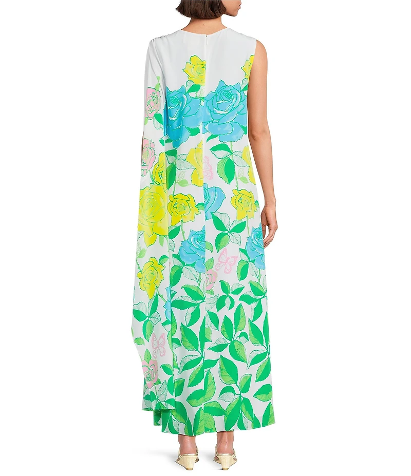 Lilly Pulitzer Jaida Silk Rose Bud Print Beaded Crew Neck One-Shoulder Maxi Caftan