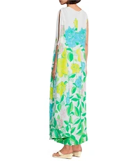 Lilly Pulitzer Jaida Silk Rose Bud Print Beaded Crew Neck One-Shoulder Maxi Caftan