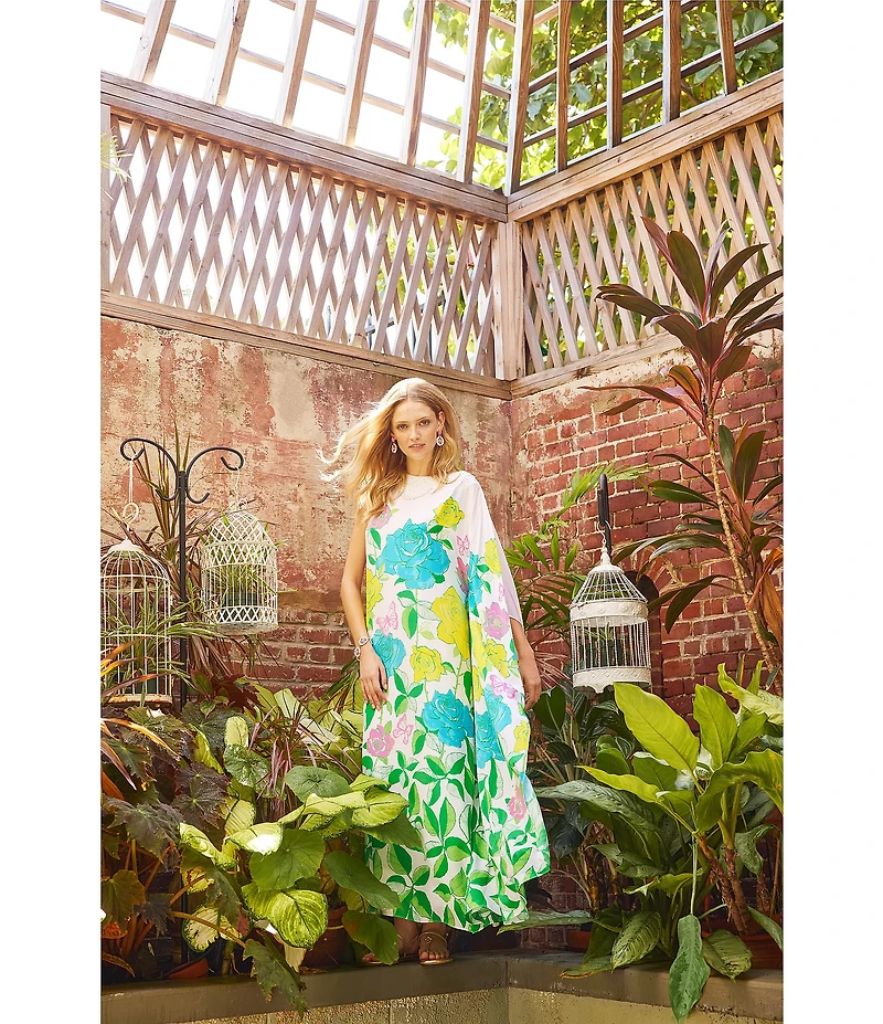 Lilly Pulitzer Jaida Silk Rose Bud Print Beaded Crew Neck One-Shoulder Maxi Caftan