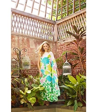 Lilly Pulitzer Jaida Silk Rose Bud Print Beaded Crew Neck One-Shoulder Maxi Caftan