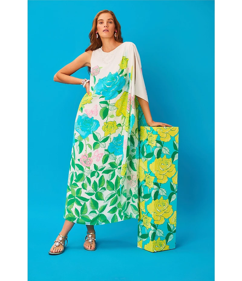 Lilly Pulitzer Jaida Silk Rose Bud Print Beaded Crew Neck One-Shoulder Maxi Caftan