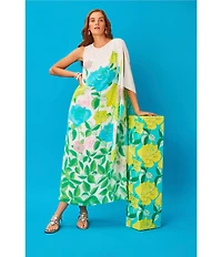 Lilly Pulitzer Jaida Silk Rose Bud Print Beaded Crew Neck One-Shoulder Maxi Caftan