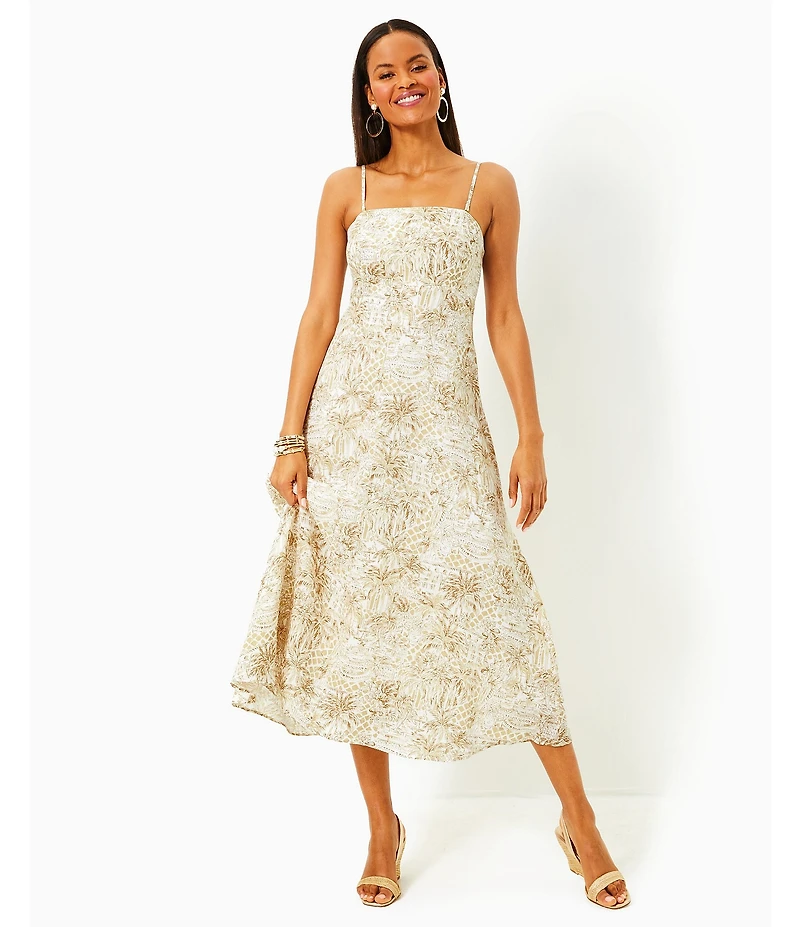 Lilly Pulitzer Jorgian Woven Linen Printed Square Neck Sleeveless Midi A-Line Dress