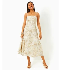 Lilly Pulitzer Jorgian Woven Linen Printed Square Neck Sleeveless Midi A-Line Dress