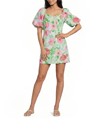 Lilly Pulitzer Justina Poppy Party Textured Mikado Sweetheart Neck Short Puff Sleeve Skirted Romper