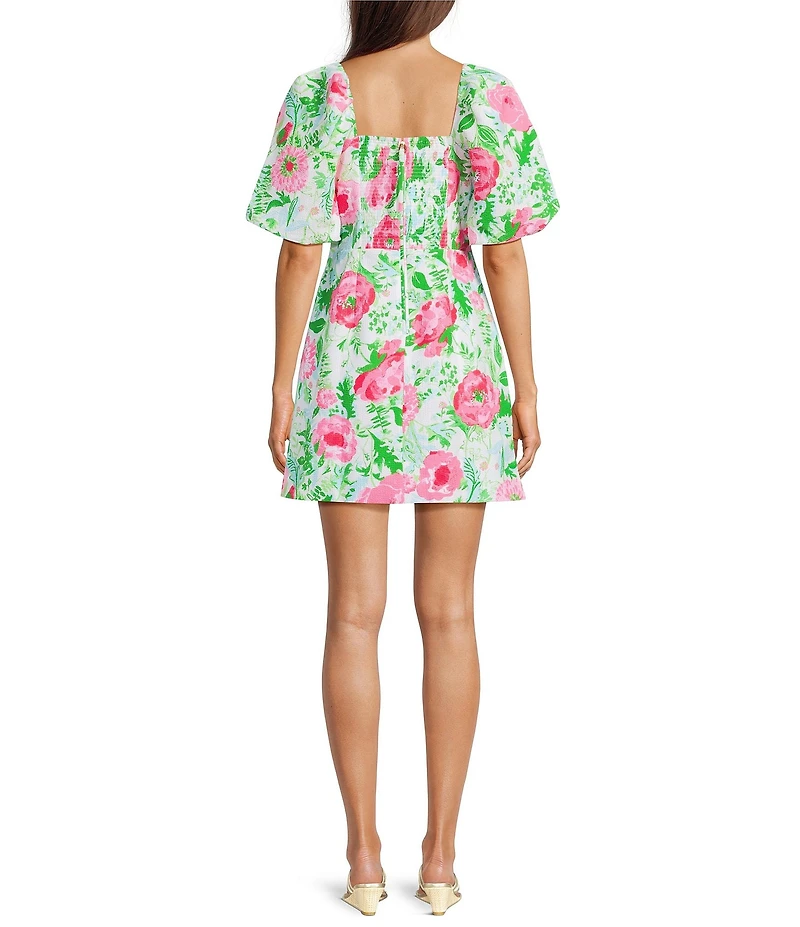 Lilly Pulitzer Justina Poppy Party Textured Mikado Sweetheart Neck Short Puff Sleeve Skirted Romper