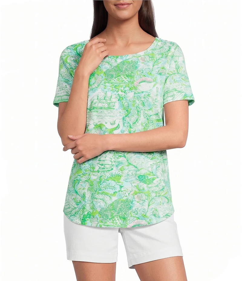 Lilly Pulitzer Key West Jersey Knit Ship To Shore Print Crew Neck Short Sleeve Tee Top