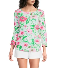 Lilly Pulitzer Key West Soft Blended Jersey Poppy Party Print Crew Neck 3/4 Sleeve Top