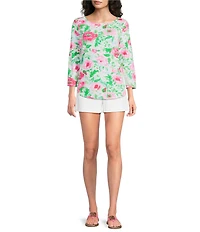 Lilly Pulitzer Key West Soft Blended Jersey Poppy Party Print Crew Neck 3/4 Sleeve Top