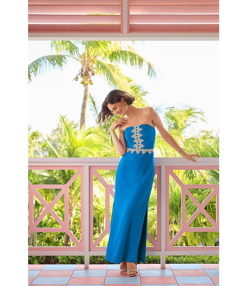 Lilly Pulitzer Kristella Crepe Back Satin Strapless Lace Trim Maxi Dress