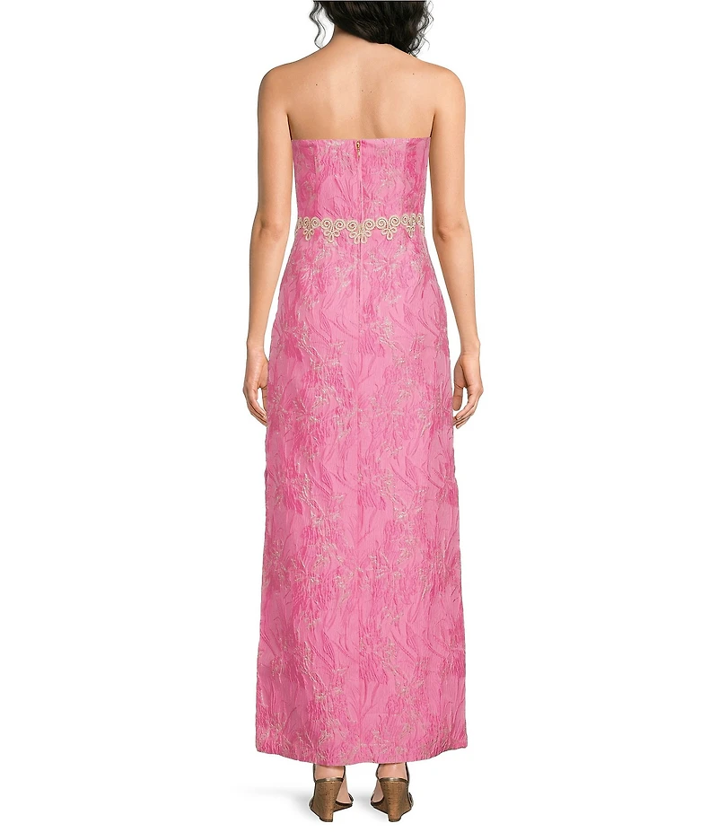 Lilly Pulitzer Kristella Glitter Crinkle Brocade Strapless Lace Trim Maxi Dress